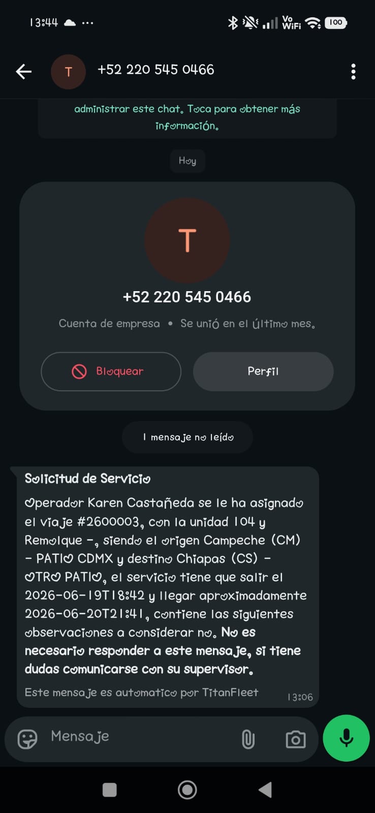 Ejemplo de mensaje automático de asignación enviado por WhatsApp